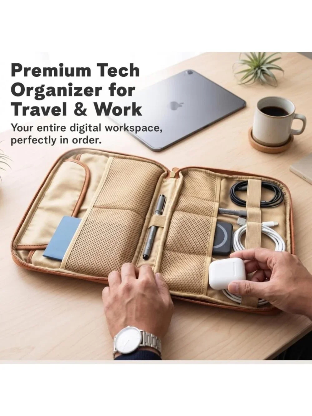 Vegan Leather Travel Tech Organizer Pouch with Tablet Sleeve & Passport Pockets